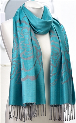 Scarf Grey Rose Floral Pattern Teal