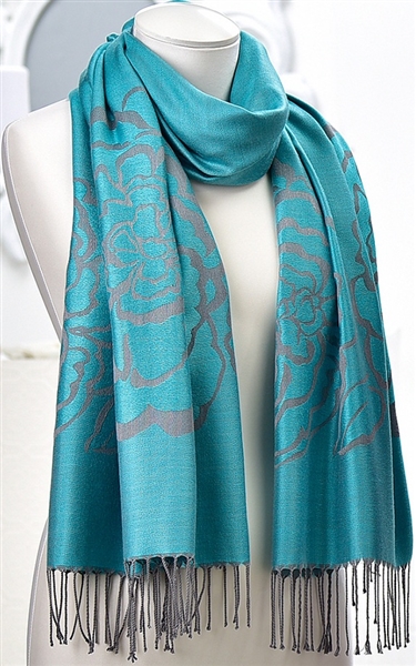 Scarf Grey Rose Floral Pattern Teal