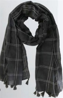 Plaid Stitched Scarf with Tassels Black