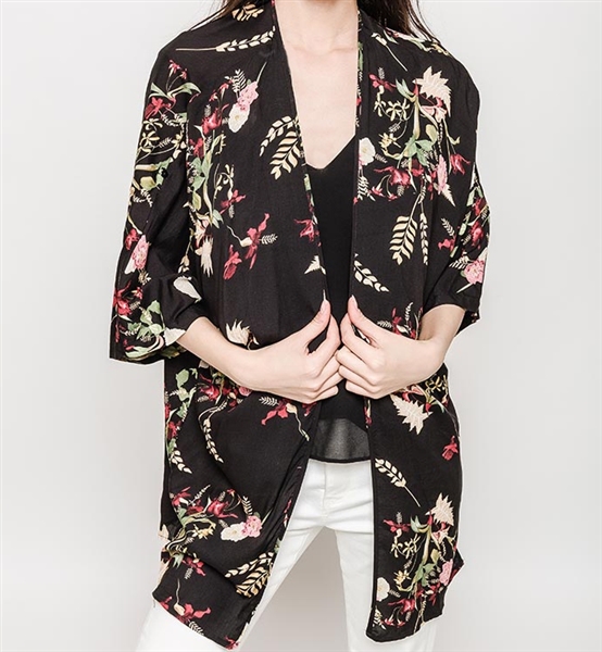 Tropical Floral Open Front Kimono Black