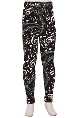 Brushed Soft Kids Leggings Music Notes Black and White - M