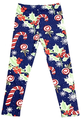 Soft Kids Leggings Holly Candy Cane Blue Medium