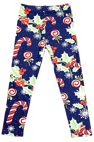 Brushed Soft Kids Leggings Holly Candy Cane M