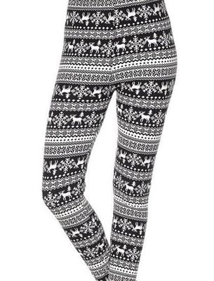 Soft Kids Leggings Black and White Reindeer Snowflake Large