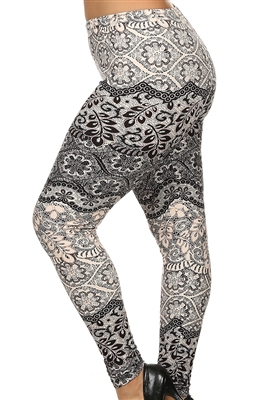 Brushed Soft Exquisite Leaf Black Ivory Leggings - L/XL