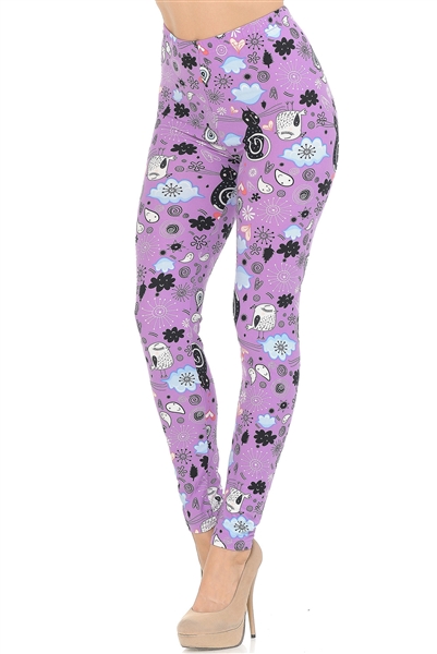 Brushed Soft Black Lavender Kitty Cat Leggings S/M