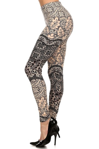 Brushed Soft Exquisite Leaf Black Ivory Leggings - S/M