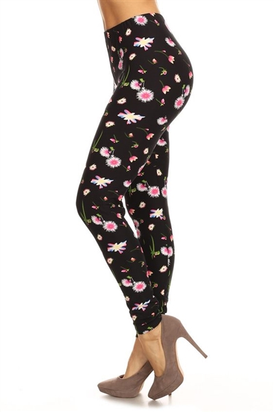 Dandelion Floral Soft Leggings Black - S/M