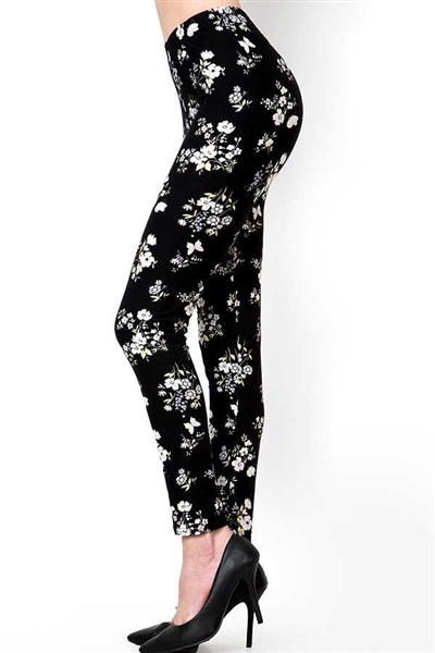 Brushed Soft Black Floral Pattern Leggings S/M