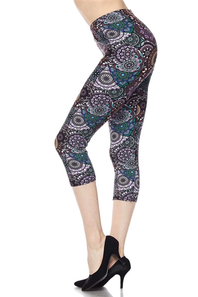 Brushed Soft Purple Mandela Print Capri Leggings S/M