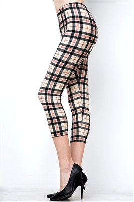 Plaid Soft Capri Leggings Ivory Black Red - S/M