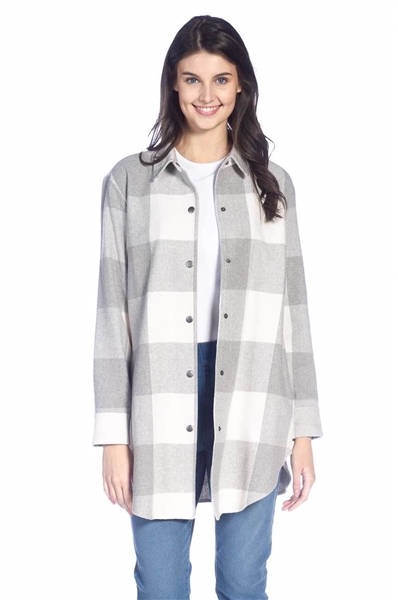 Buffalo Check Long Sleeve Snap Front Grey Shirt Jacket with Side Seam Pockets