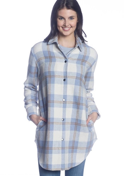 Blue Ivory and Camel Snap Front Plaid Shirt Jacket with Side Seam Pockets