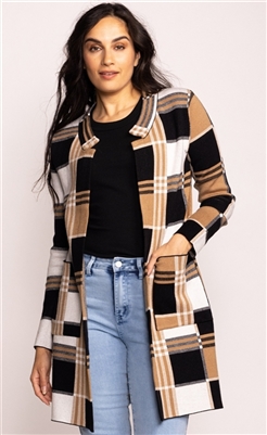 Harmon Plaid Camel Black Ivory Cardigan Sweater